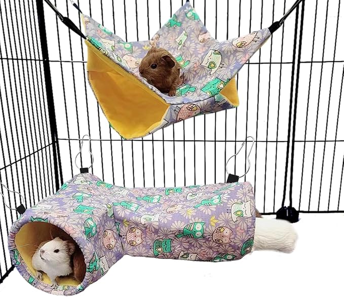 Guinea Pig Rat Tunnel Ferret Hammock, Small Animal Corner Tunnel & Tubes & Bed for Hedgehog Piggy Chinchilla Hideout Toys and Cage Accessories (3.Hammock&Tunnel, Owl)