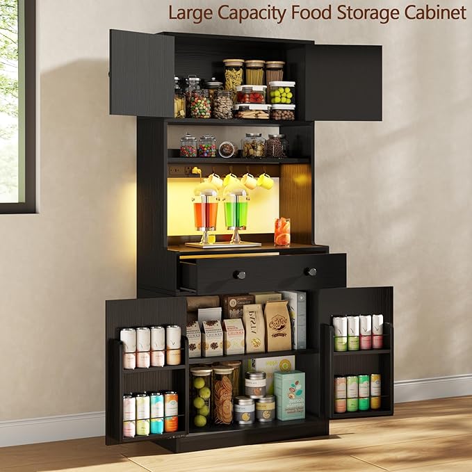Korfile 71" Tall Kitchen Pantry Storage Cabinet with Power Outlet & LED Light, Freestanding Food Pantry Cabinet with 4 Doors and Shelves, Cupboard with Drawer, Hutch with Microwave Stand (Black)