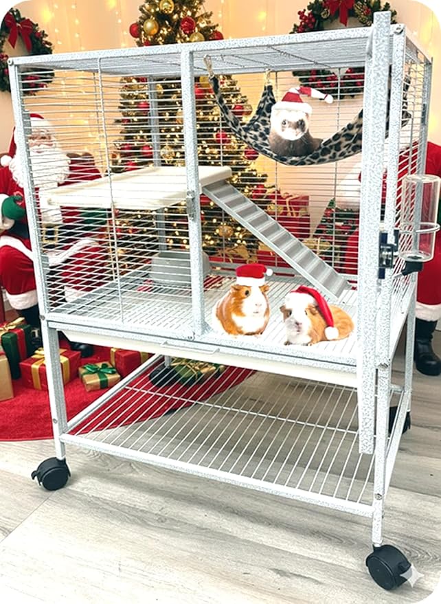 Deluxe Two Tiers Ferret Hammock Chinchilla Guinea Pig Rabbit Mouse Critter Rolling Cage Tight 1/2-inch Bar Spacing Durable Front Door Easy Clean Pull Out Grate Tray Water Bottle Food Bowl On Wheels