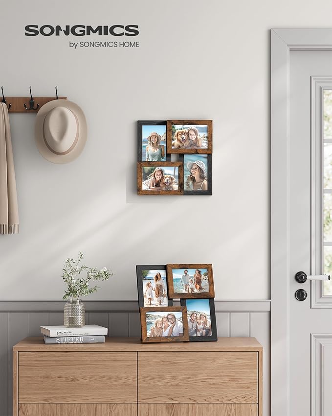 SONGMICS 4x6 Collage Picture Frames, Family Photo Collage Frame Set of 4 for Wall Decor, Glass Front, Wall Hanging or Tabletop, Christmas Gift, Ash Black and Rustic Brown URPF025K01