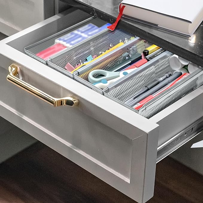 4PCS Drawer Organizer for Kitchen, Utensil Mesh Organizer With Interlocking Arm for Cosmetic, Flatware, Pen (9 * 3 * 2 Inches, Grey)