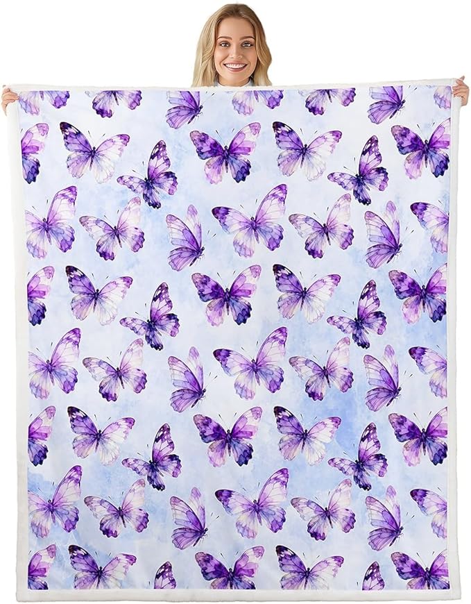 Feelyou Girls Purple Butterfly Fleece Throw Blanket Throw 50"x60" Kids Watercolor Sherpa Blanket Plush Fuzzy for Bed Couch Chair Living Room, Tie Dye Bed Blanket Room Decor