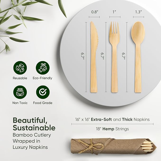 Premium Pre Rolled Napkin and Bamboo Cutlery Set with Brown Napkins (30 Pack, 120 PCS) 100% Biodegradable, Eco-Friendly, Disposable Wrapped Cutlery - Pre-Wrapped Bamboo Forks, Knives, Spoons