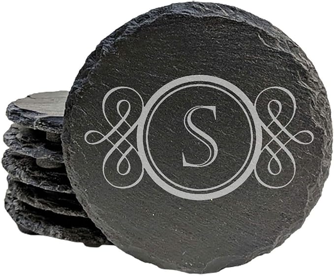 Rustic Refinement: Personalized Slate Coasters with Initial Design - Round Slate - Set of 4