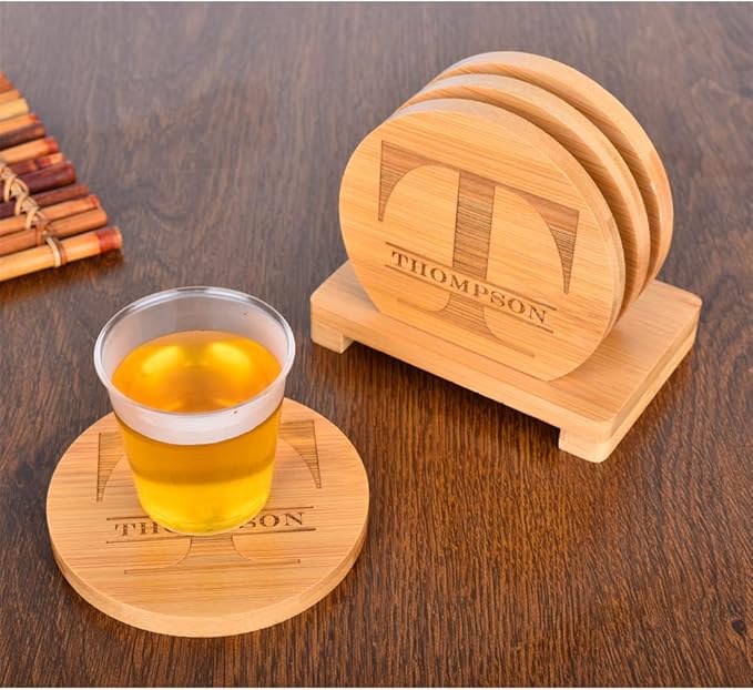 Personalized Coasters, Custom Engraved Coasters, Bamboo Coasters for Drinks, Monogram Coasters with Holder, Great Gifts for Relatives, Friends or Yourself (T, Set of 4)