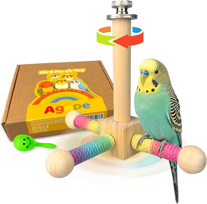 Agape 360° Rotating Bird Perch Stand, Wooden Parrot Exercise Toy | Bird Cage Accessory for Small-Medium Birds: Parakeets, Cockatiels, Lovebirds, Conures, Finches, Budgies, Parrotlets, Quakers