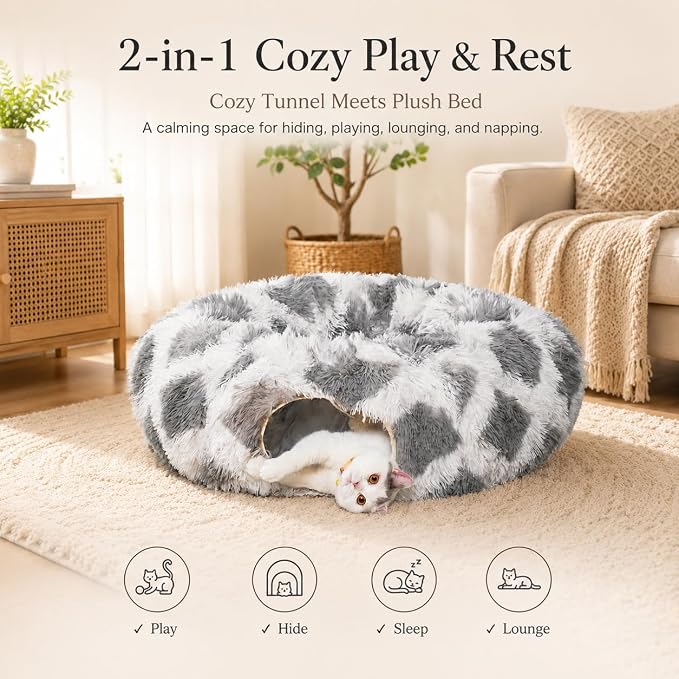 Warm Fluffy Plush Cat Tunnel Bed with Washable Cushion- Big Tube Playground Toys 3 FT Diameter Collapsible, for Indoor Cat Kitty Kitten Puppy Rabbit Ferret Gray-White Diamond Pattern