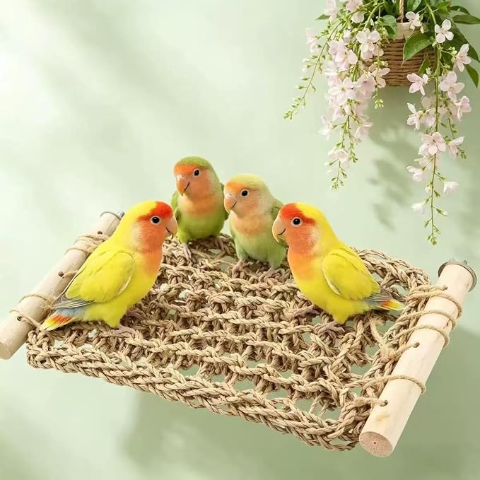 SNBBGTLadder Perch for Cage,Bird Water Grass Net Hammock Toy,Natural Hand-Woven Parrot Net Climbing Chewing Hammock,Suitable for Various Parrots，Natural. ﻿