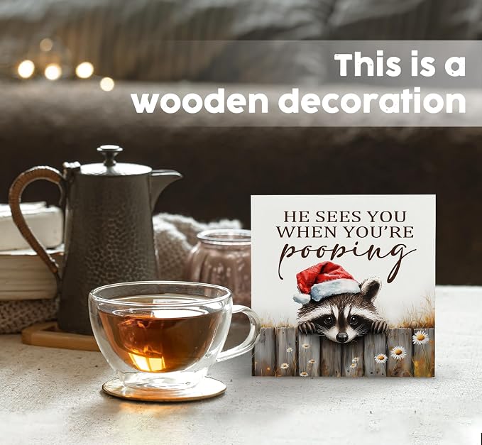 Christmas Raccoon Home Bathroom Decor Sign - Farmhouse Western Christmas Animal Bathroom Decor,Rustic Farm Animal He Sees You When You're Pooping Signs,Raccoon Gifts for Women