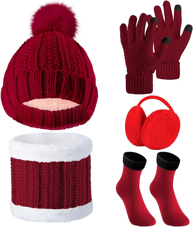 SATINIOR 5 Pcs Winter Hat Scarf Gloves Set Fleece Warm Lined Knit Beanie Hat Touch Screen Earmuff Gloves Warmer for Women(Wine Red,Classic Style)