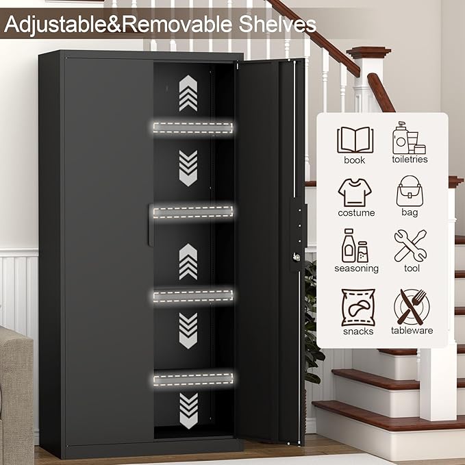 GREATMEET Metal Garage Storage Cabinets, 72" Tall Locking Cabinets with Doors and Shelves, Utility Cabinet with Lock for Garage, Home, Black