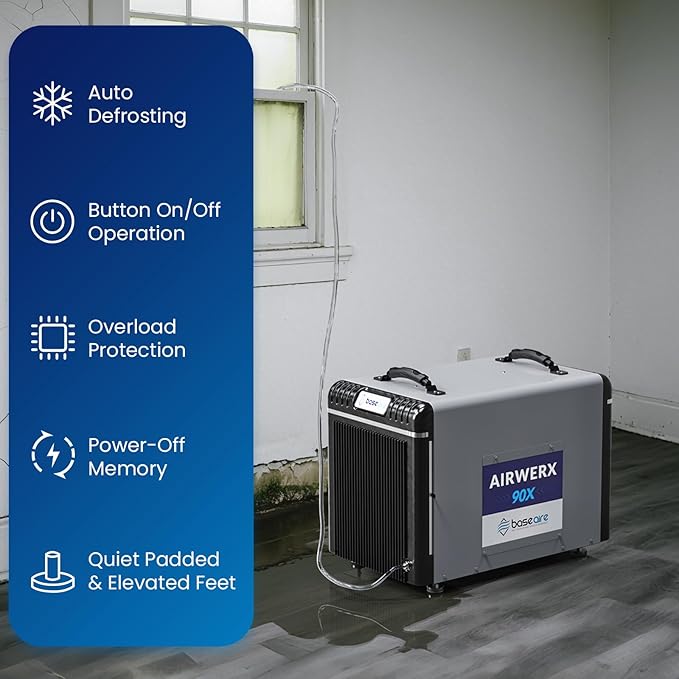 BaseAire 198 Pints Dehumidifier with Pump for Crawl Space, Basement, Portable AirWerx90X Commercial Dehumidifier for Whole Home, Intelligent Humidity Control, Auto Shut off Restart