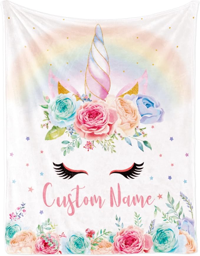 Personalized Unicorn Blanket with Name for Girl, Custom Name Blanket for Teen, Soft Flannel Pink Unicorn Toddler Blanket Customized Gift for Birthday 50''x60''