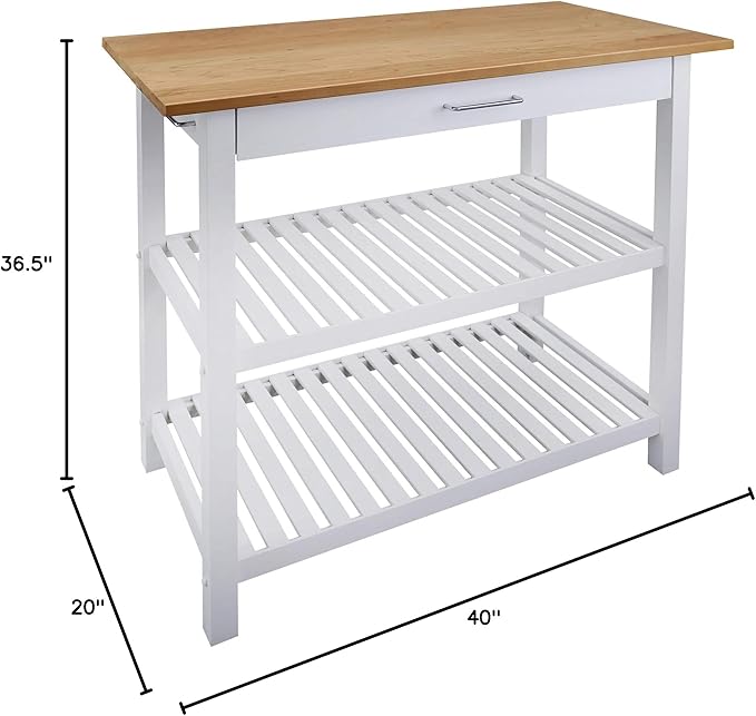 Kitchen Island with Solid Wood Top, White & Cherry Natural