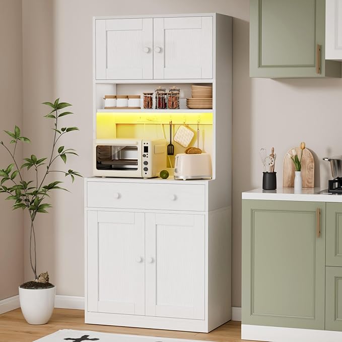 Korfile 71" Tall Kitchen Pantry Storage Cabinet with Power Outlet & LED Light, Freestanding Food Pantry Cabinet with 4 Doors and Shelves, Cupboard with Drawer, Hutch with Microwave Stand, White