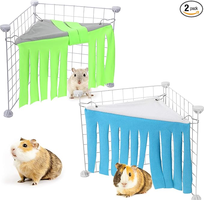 Shappy 2 Pcs Guinea Pig Hideout Hideaway Cage Hammock, Blue Green | Corner Hideout Hammock, Soft Fleece for Ferrets Chinchillas Hedgehogs, Cozy Hide with Fringe Curtain Design