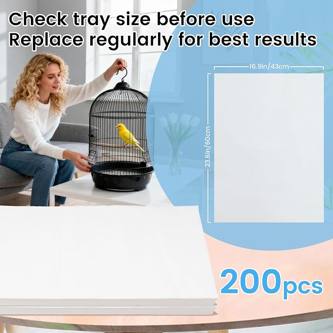 23.6x16.9in Bird Cage Liners - 200 Sheets Pre-Cut Cage Tray Pads | Disposable Absorbent Non-woven Pads Absorb Moisture and Collect Feathers for Parrots, Cockatiels, Parakeets and Finches