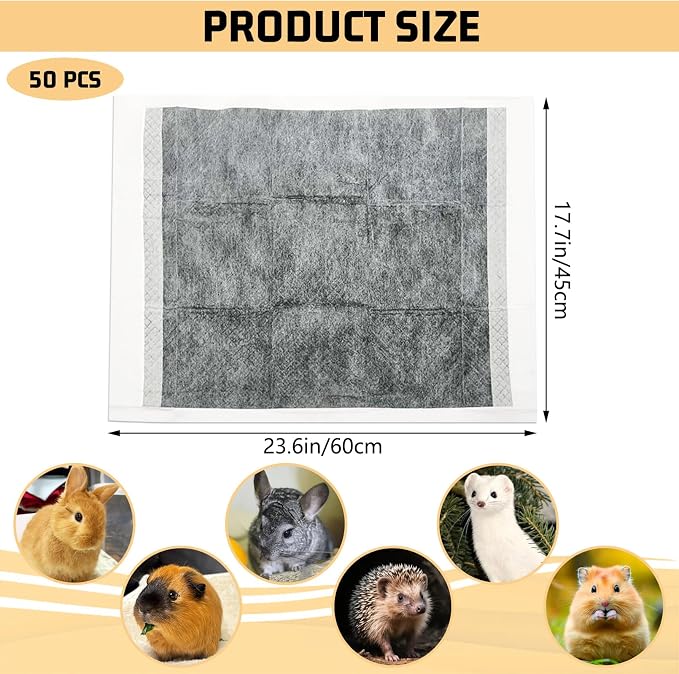 Tfwadmx 50 Pcs Rabbit Pee Pads Guinea Pig Super Absorbent Cage Liners Bunny Disposable Black Carbon Diapers Small Animal Training Accessories with Quick-Dry Surface for Chinchilla Ferret Hamster