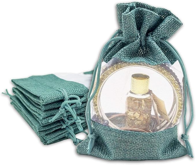 48-Pack Small Linen Burlap & Organza Gift Bags w. Drawstrings (3.5x5.5 in, Teal) - Party Favors, Presents, Samples & Treats Mesh Pouch by The Display Guys