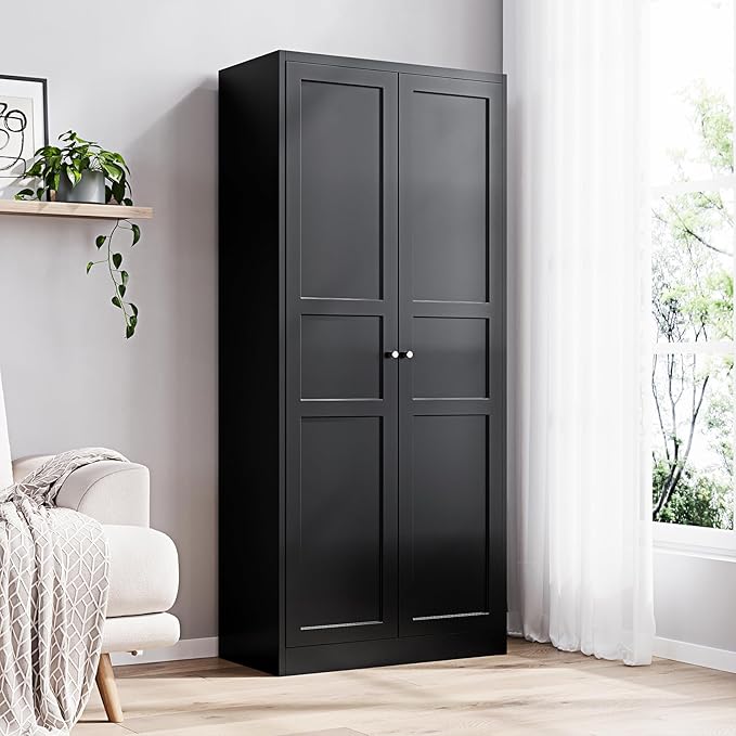Yizosh Metal Storage Cabinet with 2 Doors and 5 Adjustable Shelves - 71" Black Kitchen Pantry Storage Cabinet, 5-Tier Tall Steel Cabinet Locker for Kitchen, Living Room, Dining Room