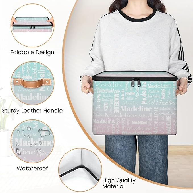 Custom Storage Basket with Name, Personalized Keepsake Box with Zipper Lid, Foldable Fabric Memory Bin Large capacity with Handle Green Pink