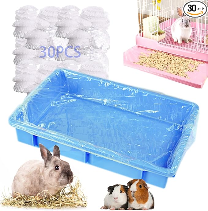 30 Pcs Large Rabbit Cage Liner Disposable Bunny Cage Liner Bag 34'' X 22''- Clear Elastic Pet Toilet Film Small Animal Tray Covers for Bunnies Ferrets Chinchillas Birds - Leak Proof & No Mess