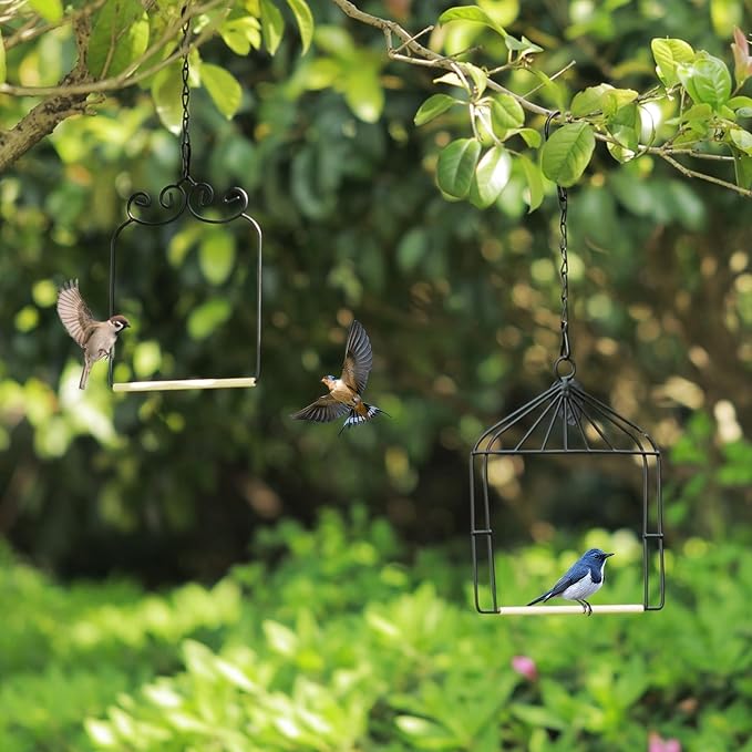 Metal Frame Hummingbird Swings and Perches with Wooden Dowel Black Bird Swing Outdoor Bird Perch Humming Bird Swing (2PK Different)