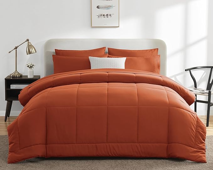 CozyLux Full Size Comforter Sets Terracotta, 7 Pieces Bed in a Bag, Burnt Orange Fall Comforter Full Size, All Season Bedding Sets with Stitch Quilted Comforter, Flat Sheet, Fitted Sheet, Pillowcases