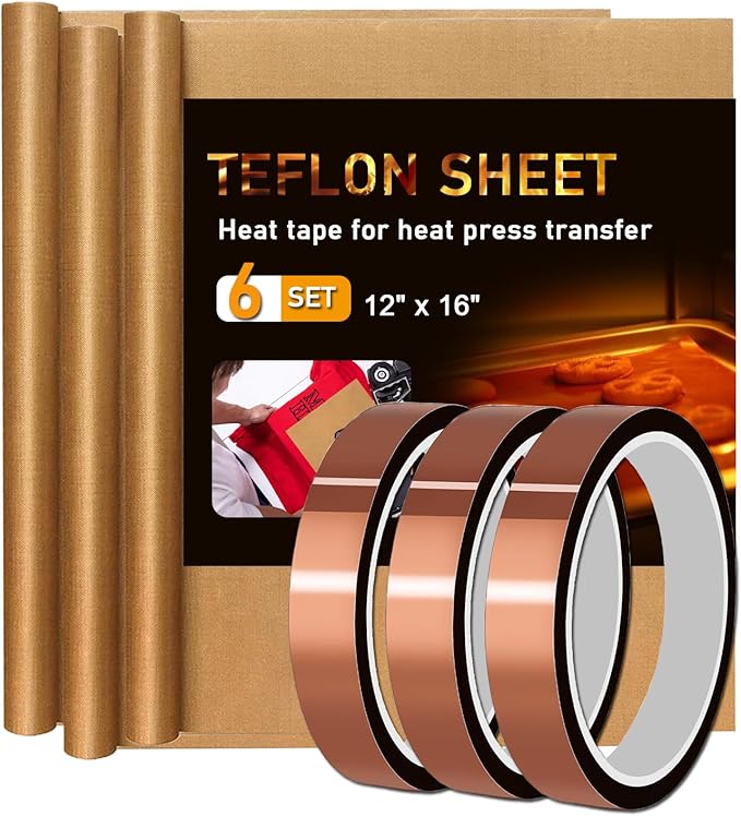 YTFGGY 3 Pack Teflon Sheets for Heat Press 16x12 and 3 Rolls Heat Transfer Tape 10mm Non Stick Transfer Sheet Heat Press Tape Set for Sublimation PTFE Teflon Sheet Heat Resistant