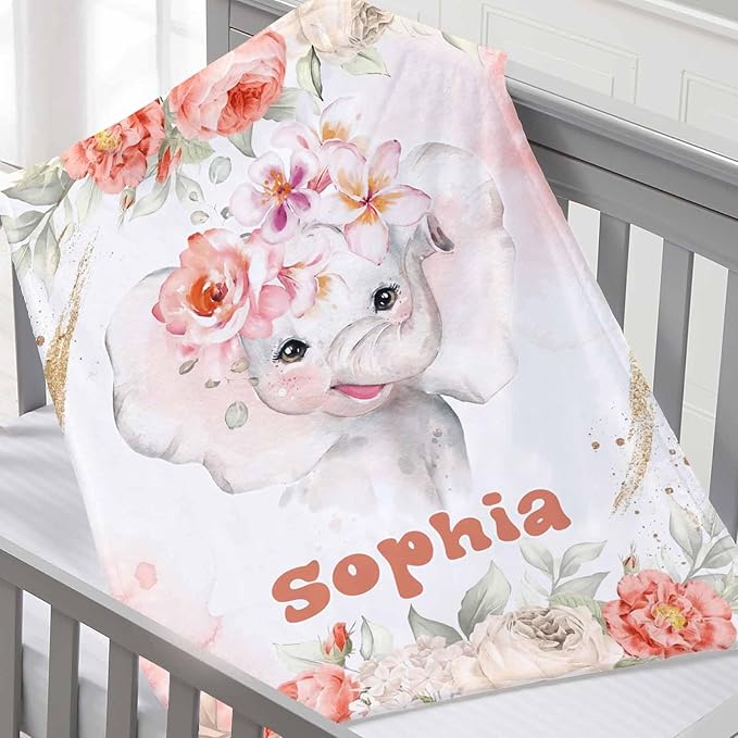 D-Story Ship Next Day, Custom Blankets Personalized Throw Blanket with Names Customized Elephant Blanket for Girls Kids Adult Birthday Gift