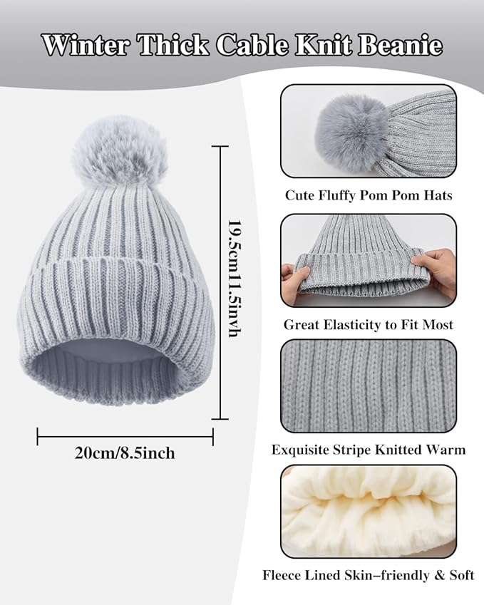Winter Beanie Hat Scarf Gloves Set for Women, Fleece Knit Pompom Beanie Neck Warmer Long Scarf Touchscreen Gloves 3 in 1 Set