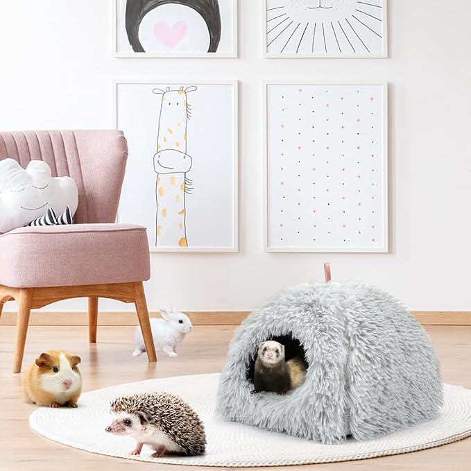 YUEPET Guinea Pig Bed Cave,Warm Guinea Pig Hideout,Light Grey | Cozy Bunny Bed, Washable Long Plush Fabric, Removable Pad, Non-Slip Base, for Ferrets Hamsters Hedgehogs Dwarf Rabbits