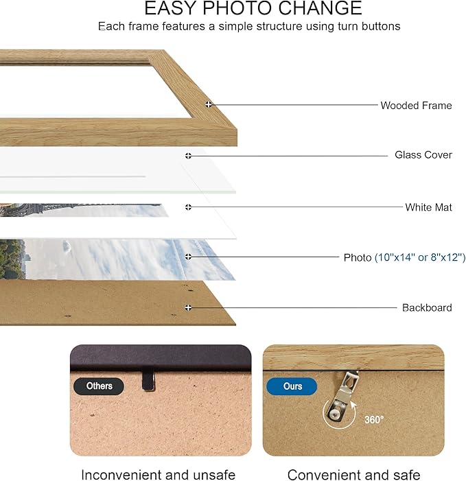 10x14 Picture Frame Set of 4, Made of Glass and Natural Oak Wooden Frame, Display 8x12 Pictures with Mat or 30 x 40cm Diamond Painting Art without Mat for Wall Mounting, Gallery Photo Frames
