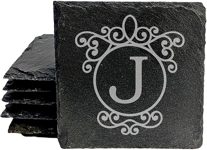 Personalized Monogram Family Coasters, Natural Stone Set, Birthday, Wedding, Customized, Rustic - Square Slate - Set of 6