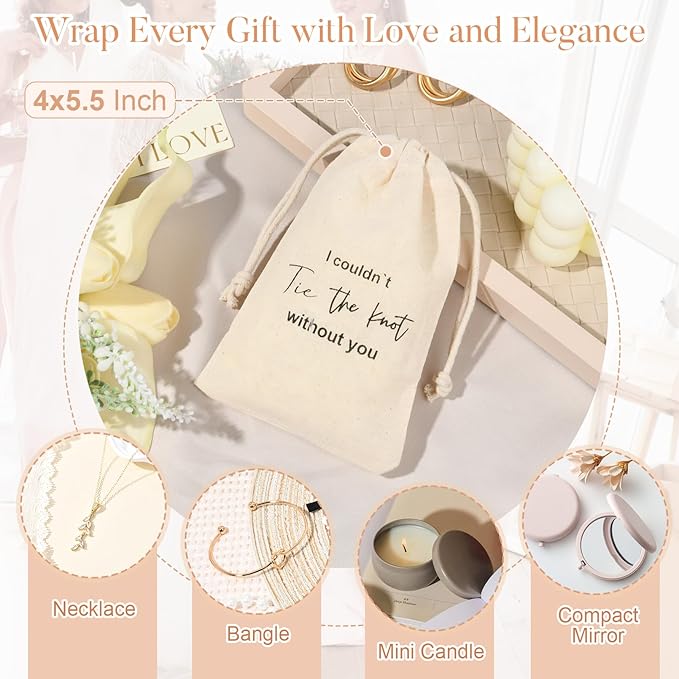 CEELGON 8 Pcs Drawstring Jewelry Pouch Bridesmaid Gift Bags Linen Cotton Fabric Wedding Bridal Party Favor Bags Bachelorette Tie The Knot Earring Packaging Proposal Gift (Natural)