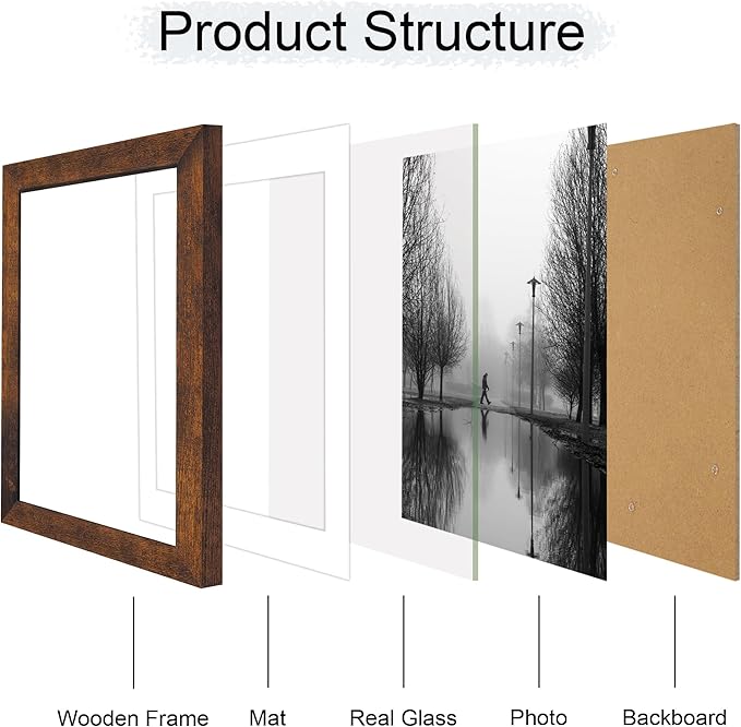 iRahmen 8x12 Picture Frame Set of 4 with High Definition Real Glass, Display 6x8 Pictures with Mat or 8 x 12 Without Mat, Wood Rustic Photo Frames for Tabletop and Wall Mounting