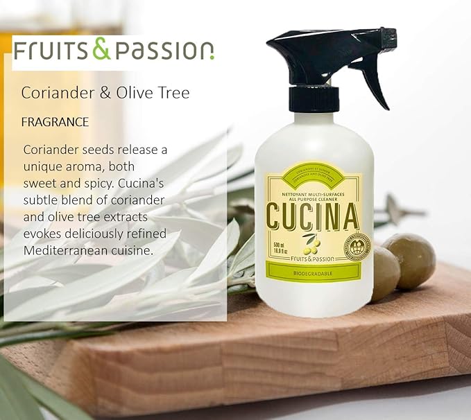 Fruits and passion Cucina Biodegradable Water Based All Purpose Cleaner Household Multi-Surface Spray 500 Milliliter (Coriander and Olive Tree)