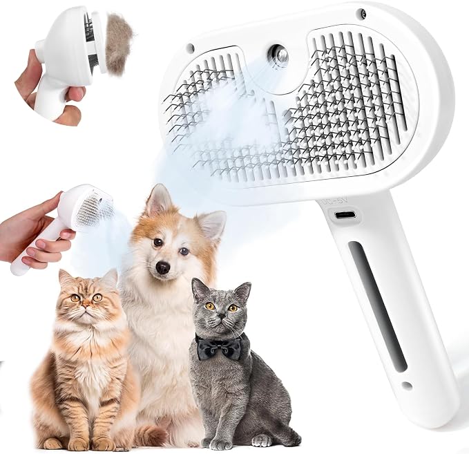 Bunny Ferret Steam Brush Release Button Self Cleaning Spray Comb for Long and Short Hair Cats Rechargeable Steaming Cat Grooming Brush Steamer to Remove Loose Hair (White)