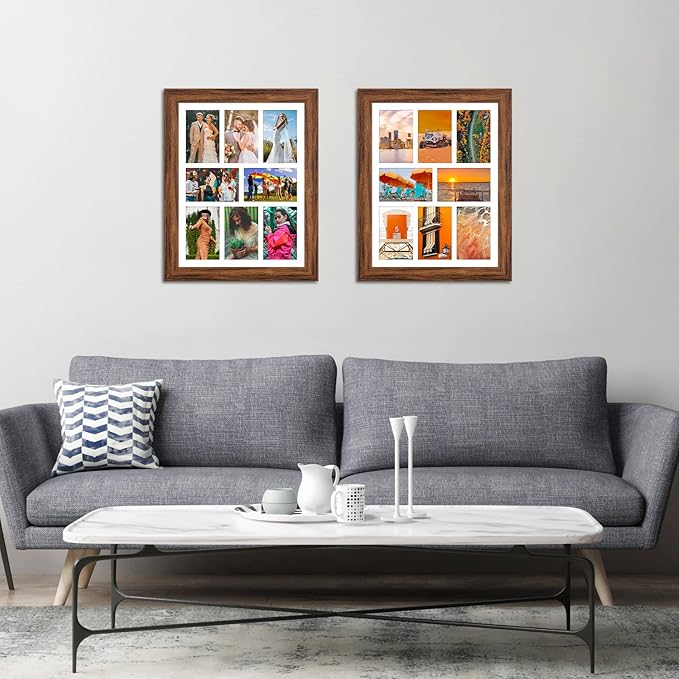 13x17 Picture Frame Display 8 opening 4X6 Picture Frame Collage,Multi Photo Frame with Mat,Plexiglass,Wall or Tabletop Decor,Carbonized Brown Wood Grain