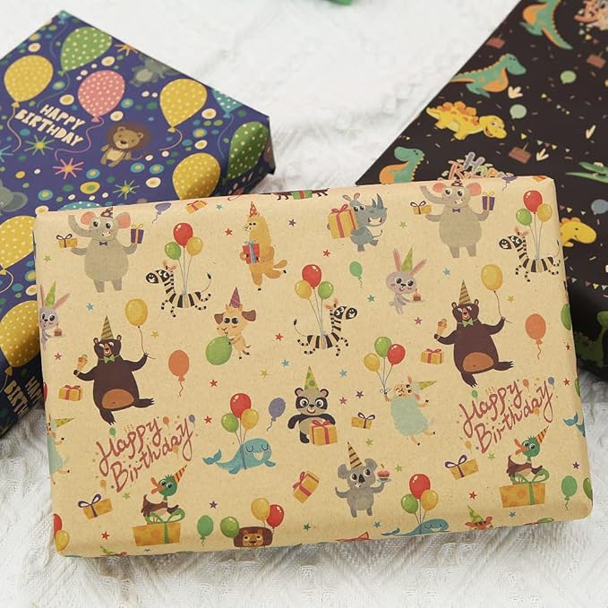 Geluode Birthday Wrapping Paper for Boys Kids Girls, Happy Animals Party Dinosaur Design Kraft Gift Wrap Paper, Happy Birthday Wrapping Paper 6 Sheets Folded Flat 20x28 inches per Sheet