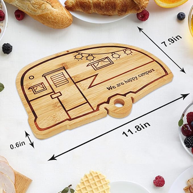 Happy Camper Bamboo Cutting Board,Retro RV Engraved Camping Cutting Board, Camper Decor RV Gift for Couple,Camping,Housewarming&Party Small