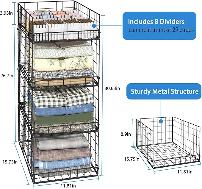 4 Pack Closet Organizers and Storage Shelves for Clothes, 4 Tier Stackable Closet Storage Basket Bin Container for Clothing Sweater Jean, Narrow, Foldable, Sturdy Metal System Organizer Shelf