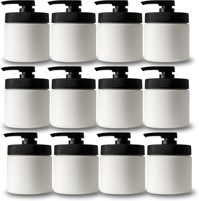 Royal Massage 16oz Refillable Pump Jar with Locking Dip Tube Dispenser – BPA-Free Plastic Container for Massage Oils, Lotions, Creams – Ribbed Lid Wide-Mouth Jar – Durable & Reusable (12, Black/White)