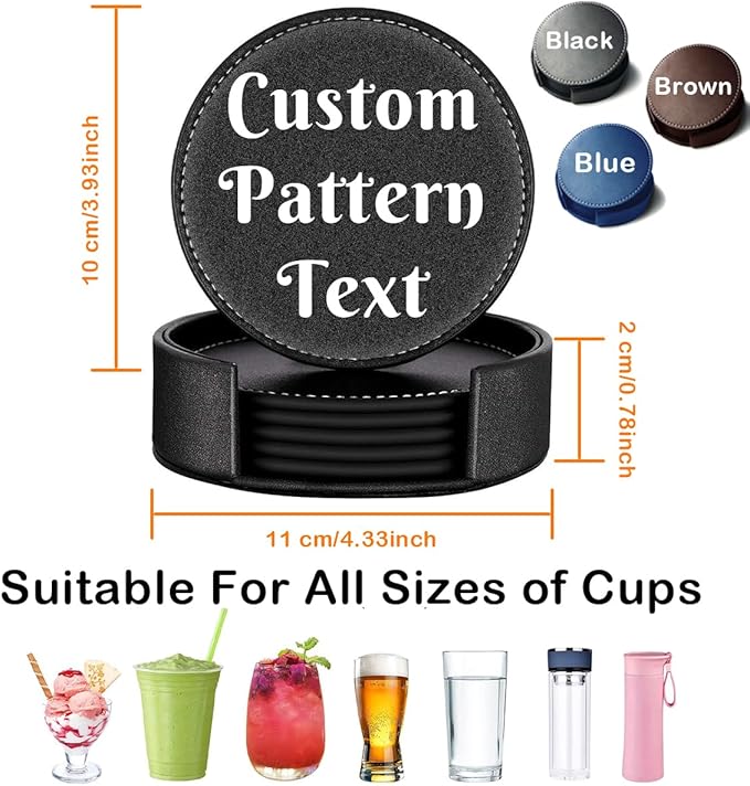 Custom Photo Coasters, Personalized Set of 5 Leather Coaster with Holder Customize Logo Name Monogram, Non-Slip Heat Resistant Waterproof for Coffee Table Bar Beer Wine Cup Housewarming Wedding Party
