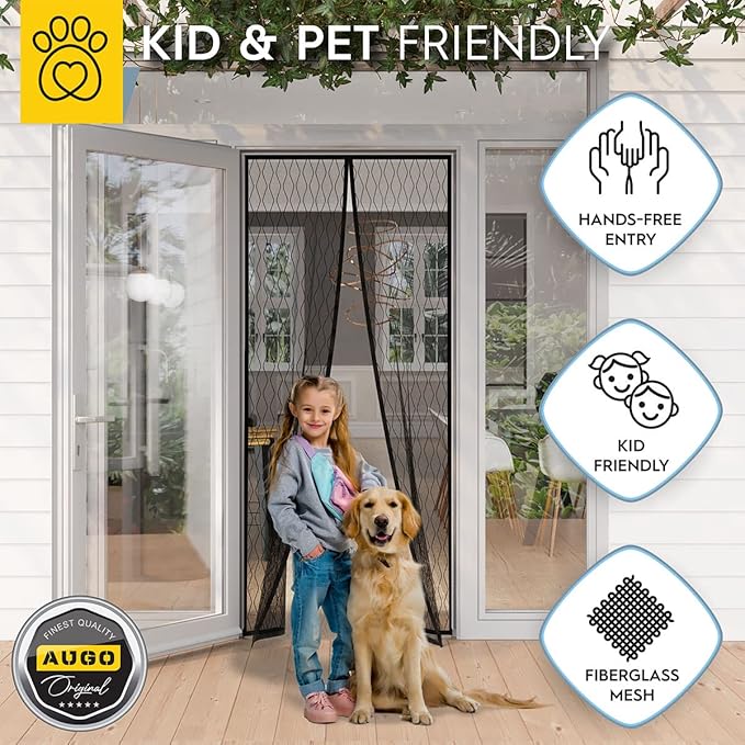 AUGO Magnetic Fiberglass Design Screen Door - Self Sealing, Heavy Duty, Hands Free Mesh Partition Keeps Bugs Out - Door Screen Magnetic Closure - Patent Pending Keep Open Feature - 38 Inch x 83 Inch
