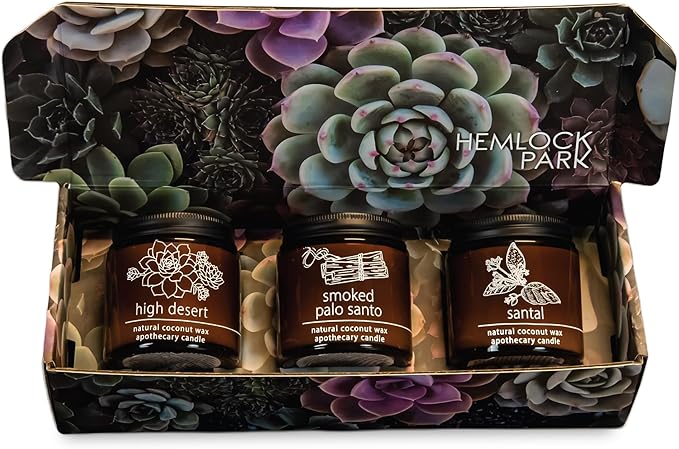 Hemlock Park Apothecary Wood Wick Candle Trio | Gift Set of Three 4 oz Candles Handcrafted with Natural Coconut Wax (High Desert | Palo Santo, Sage, High Desert)