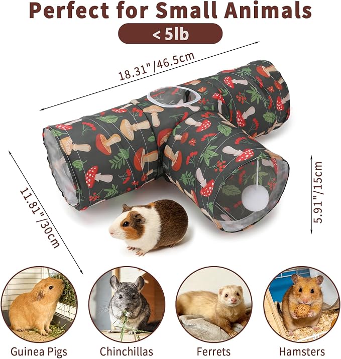 Rypet Guinea Pig Tunnel Hideout 3-Way Collapsible Small Pet Tubes, Mashroom | 3 Way Design for Exploration, Collapsible for Easy Storage, Built-in Play Ball, Hiding & Resting for Hamsters Ferrets