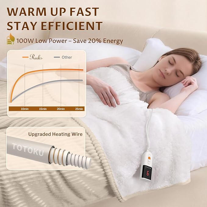 Reaks Electric Heated Blanket Full Size, Silky Soft Flannel & Sherpa Heating Blanket with 9 Heat Levels & 2-10 Hours Auto Off, Warm Gifts for Women Mom Grandma, ETL Certified (72x84 inches, Beige)