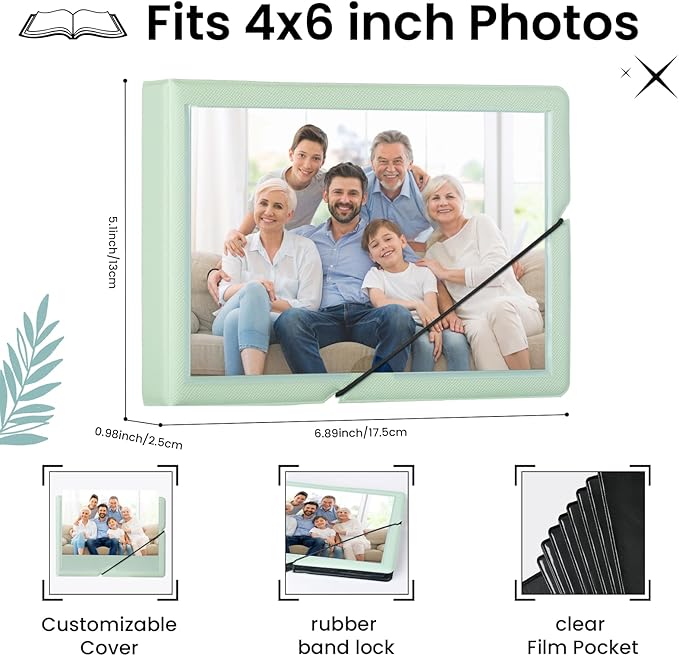 Lifting Small Photo Album 4x6 Holds 40 Photos with Customizable Cover，Mini Leather Picture Album Book for Wedding，Family，Baby Memories (Green)