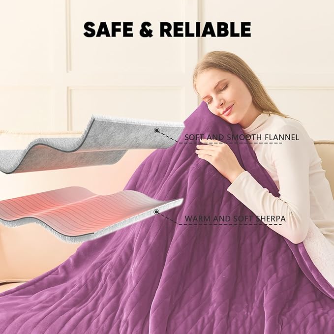 greenoak Heated Blanket Electric Full 72"X84", Heating Blanket with 10 Heat Levels 1/2/4/6/8 Hours Auto-Off, Soft Flannel Sherpa Warm Heater Christmas Blanket,Taro Purple